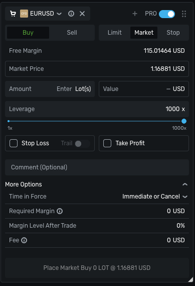 xPro order ticket showing leverage slider scaled to 1000x on EUR/USD