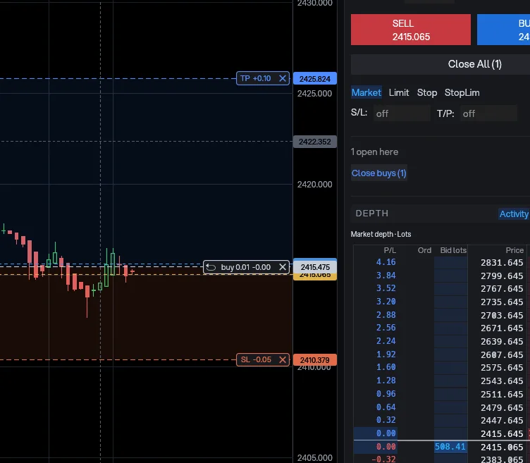Mega1 market depth showing the P/L, orders and volume at each price