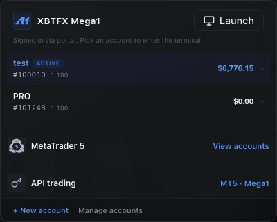 The Trade menu in the XBTFX portal, listing Mega1 accounts with a Launch button