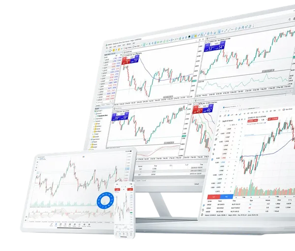 MetaTrader 5 on a desktop, a tablet and a phone